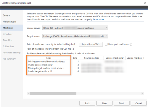 Errors that might occur when mandatory mailbox information is missing.