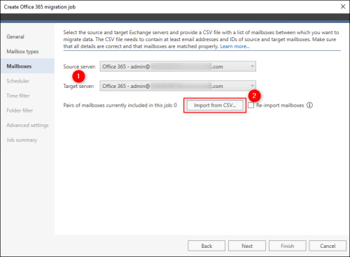 The Mailboxes step is where you import a CSV file containing matched source and target mailboxes.