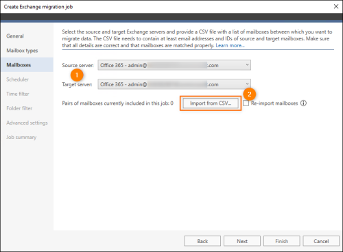 The Mailboxes step is where you import a CSV file containing matched source and target mailboxes.