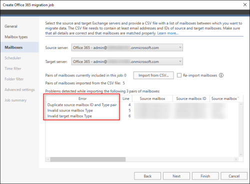 Errors related to wrong information about mailbox type.