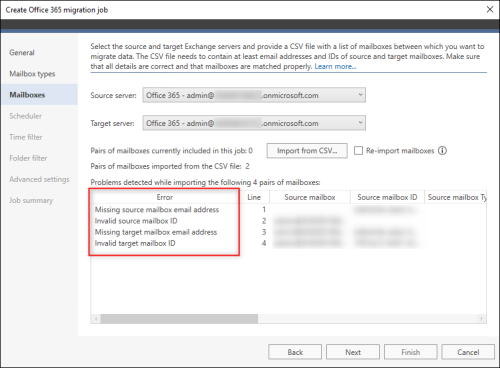 Errors that might occur when mandatory mailbox information is missing.