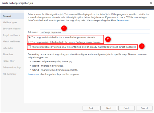The General step allows you to name a job, specify program installation location, and select mailbox migration method.