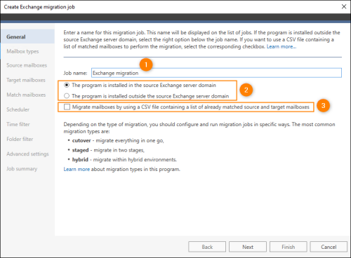 The General step allows you to name a job, specify program installation location, and select mailbox migration method.