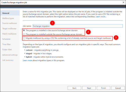 The General step allows you to name a job, specify program installation location, and select mailbox migration method.