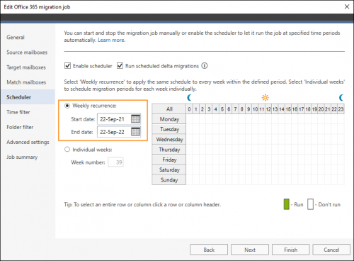 Setting migration time pattern for weekly recurrence.