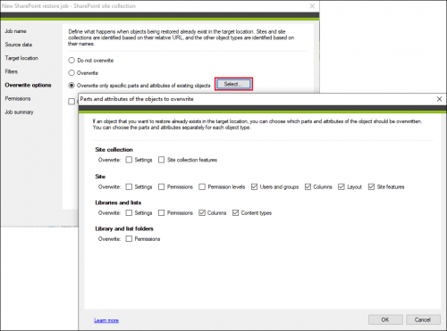 Backup SharePoint restore more overwrite options