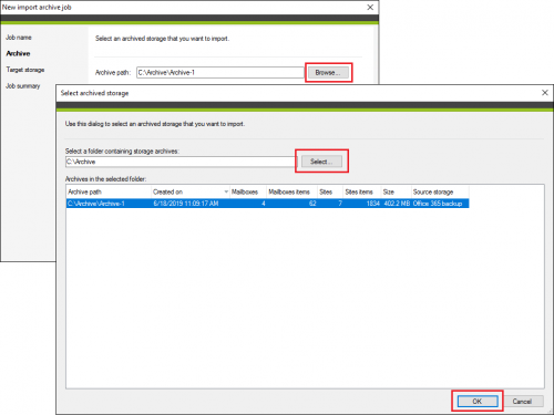 Backup import archive job selecting archive