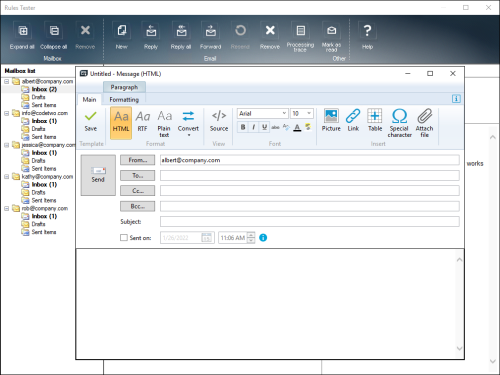 ER rules tester - window for composing test messages.