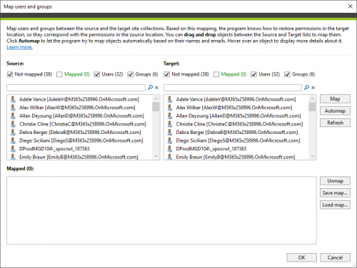 Backup Map users and groups window