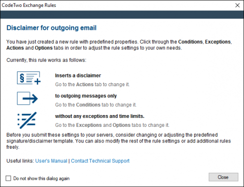 Description of a rule inserting disclaimer for outgoing emails.