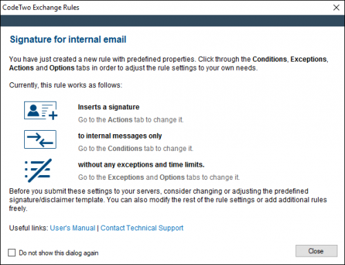 Description of a rule inserting signature for internal emails.