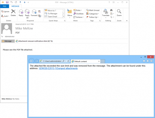 A received message that was stripped of attachments and a notification informing about the location where those attachments are stored.