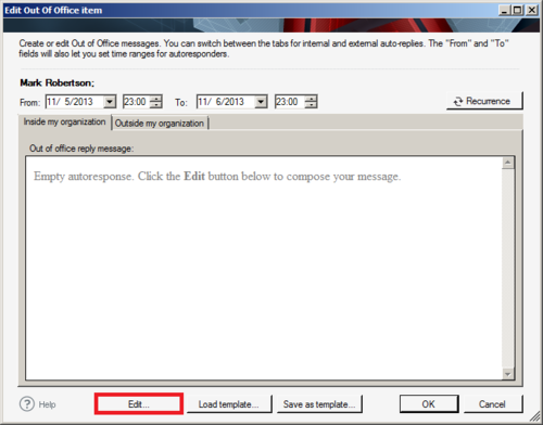 Opening the Out Of Office Item editor.