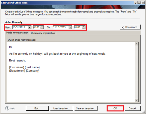 Defining the autoresponders' time ranges.