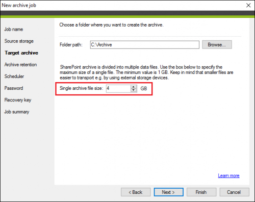 Backup archive job SP archive file size