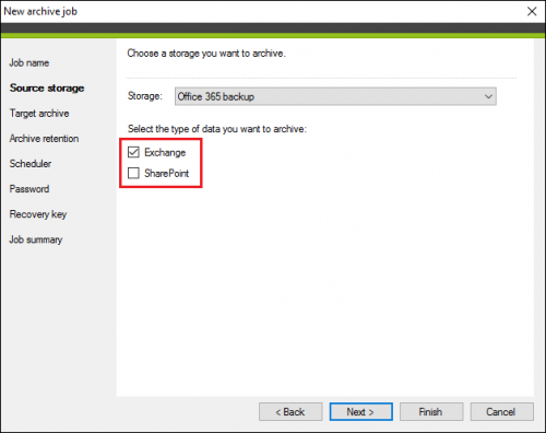 Selecting data type from a backup storage to be archived in CodeTwo Backup