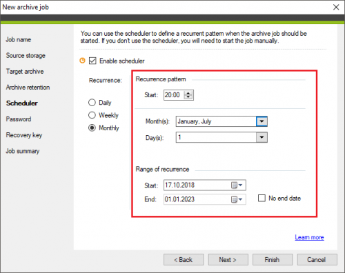 Backup archive job Scheduler options