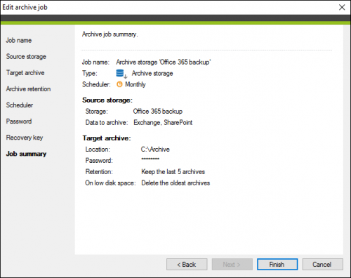 Backup archive job summary