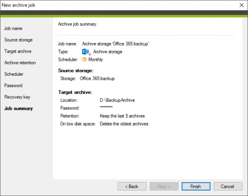Backup archive job summary