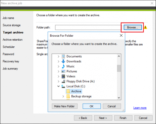 Backup archive job Target archive