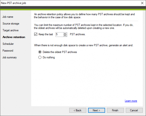 Backup PST archive job Archive retention