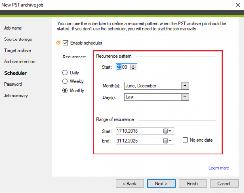Backup PST archive job Scheduler options