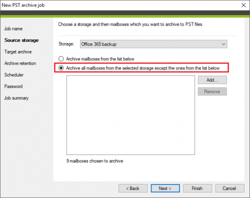 Backup PST archive job selecting all mailboxes