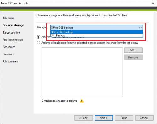 Backup PST archive job Source storage