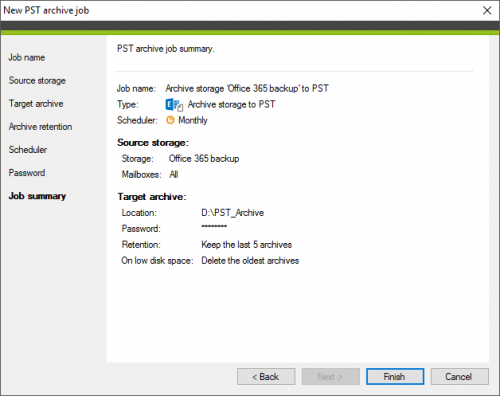 Backup PST archive job summary
