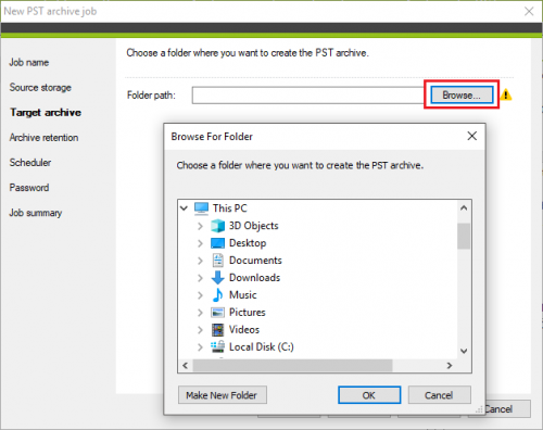 Backup PST archive job Target archive