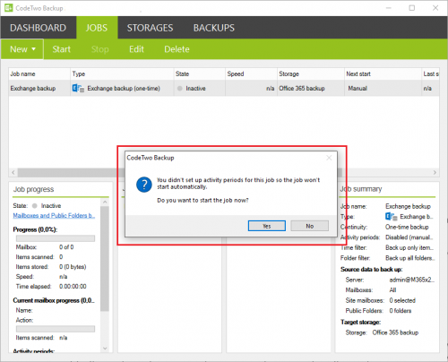 Backup Exchange backup job pop up