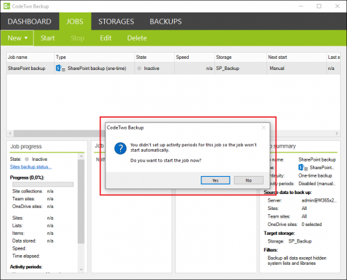 Backup SharePoint backup job pop up