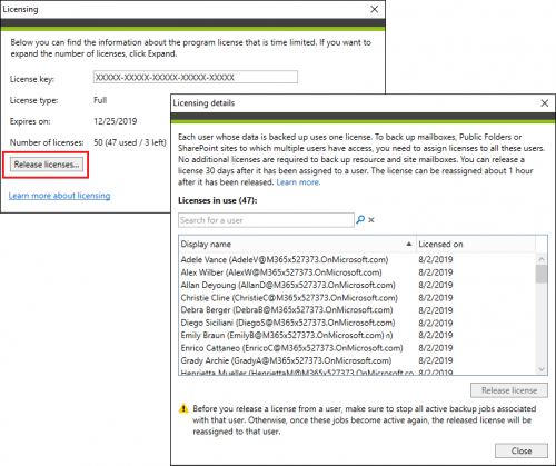 Backup licensing details window