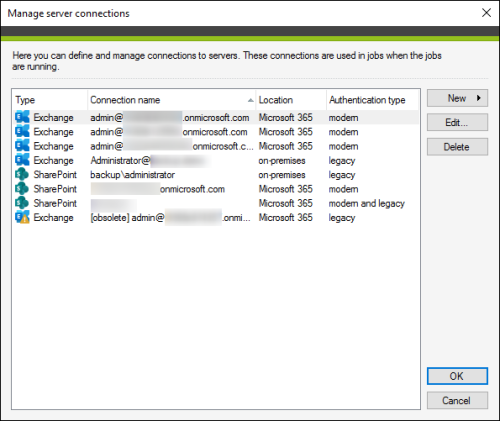 The Manage server connections window.