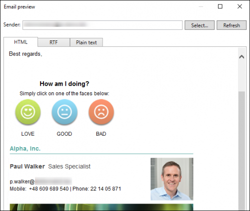 A sample CSAT survey in an email signature.