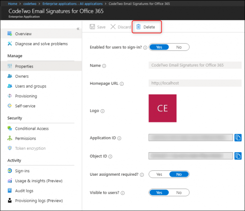 Deleting an application from Azure AD