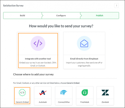 Selecting the Generic Embed integration option.