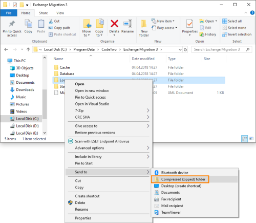 Zipping the log files of CodeTwo Exchange Migration.
