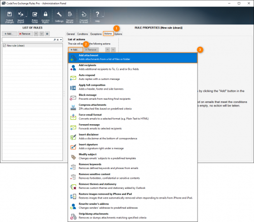 Selecting the Add attachment action on the Actions tab.