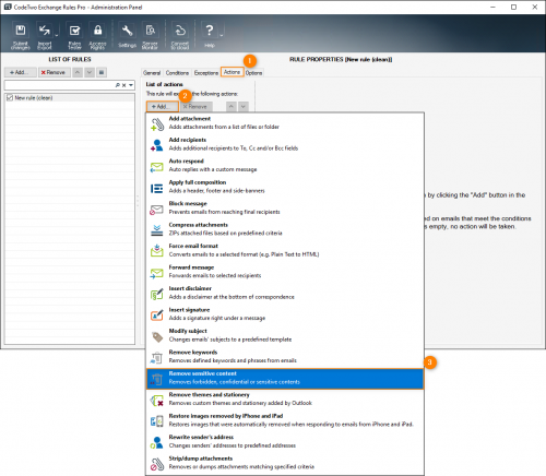 Choosing the Remove sensitive content action from the Actions tab.