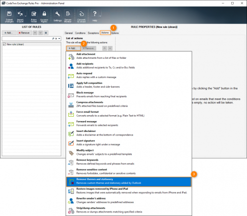 Choosing the Remove themes and stationery action on the Actions tab.