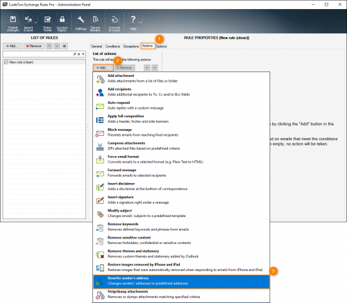 Choosing the Rewrite sender's address action on the Actions tab.