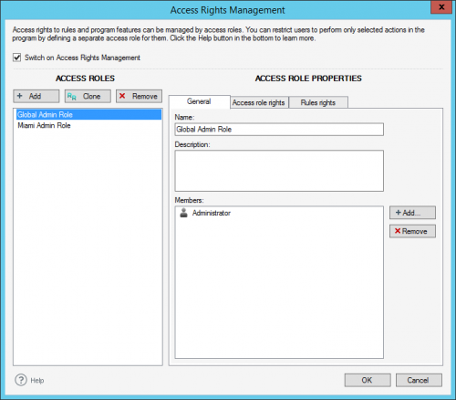 Rule access rights set for a tenant, with a Global Administrator and an Administrator assigned only for this tenant.