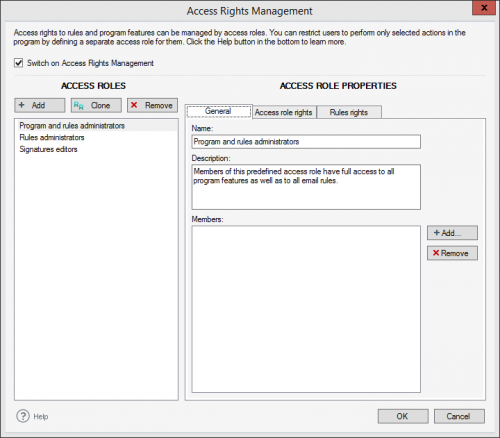 Access Roles list and General tab of Access Rights Management.