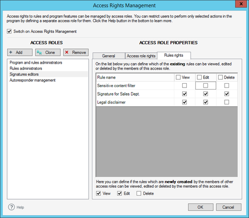 Rules rights tab in Access Rights Management.