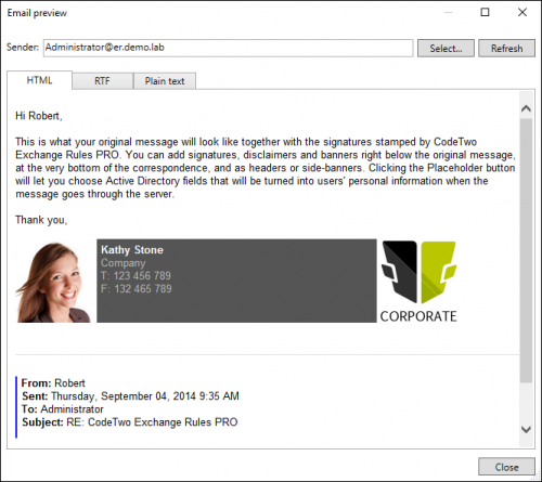 Preview of the signature with a user photo.