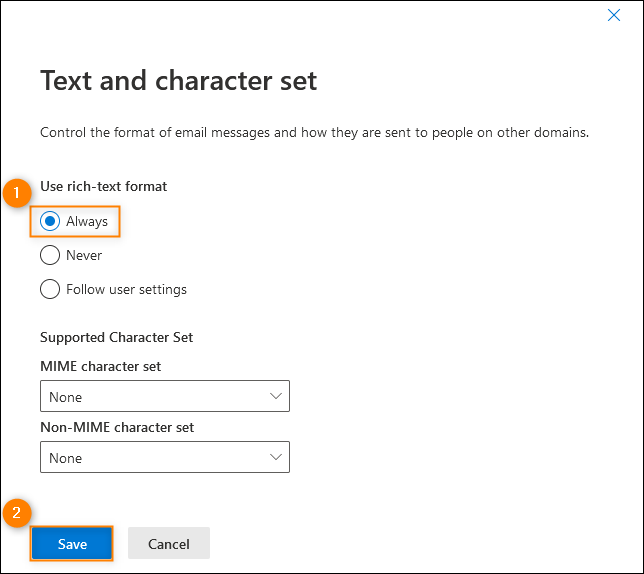 Enabling the sending of messages in the TNEF format to a remote domain already added to your tenant.