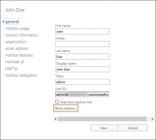 Accessing more options in the Edit User Mailbox window.