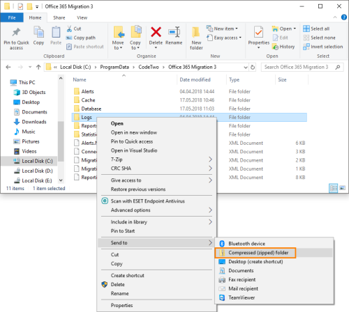 Zipping the log files of CodeTwo Office 365 Migration.