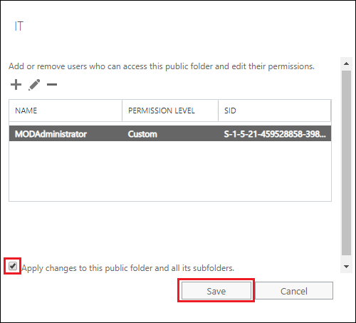 Saving permission changes for the selected public folder and all its subfolders.